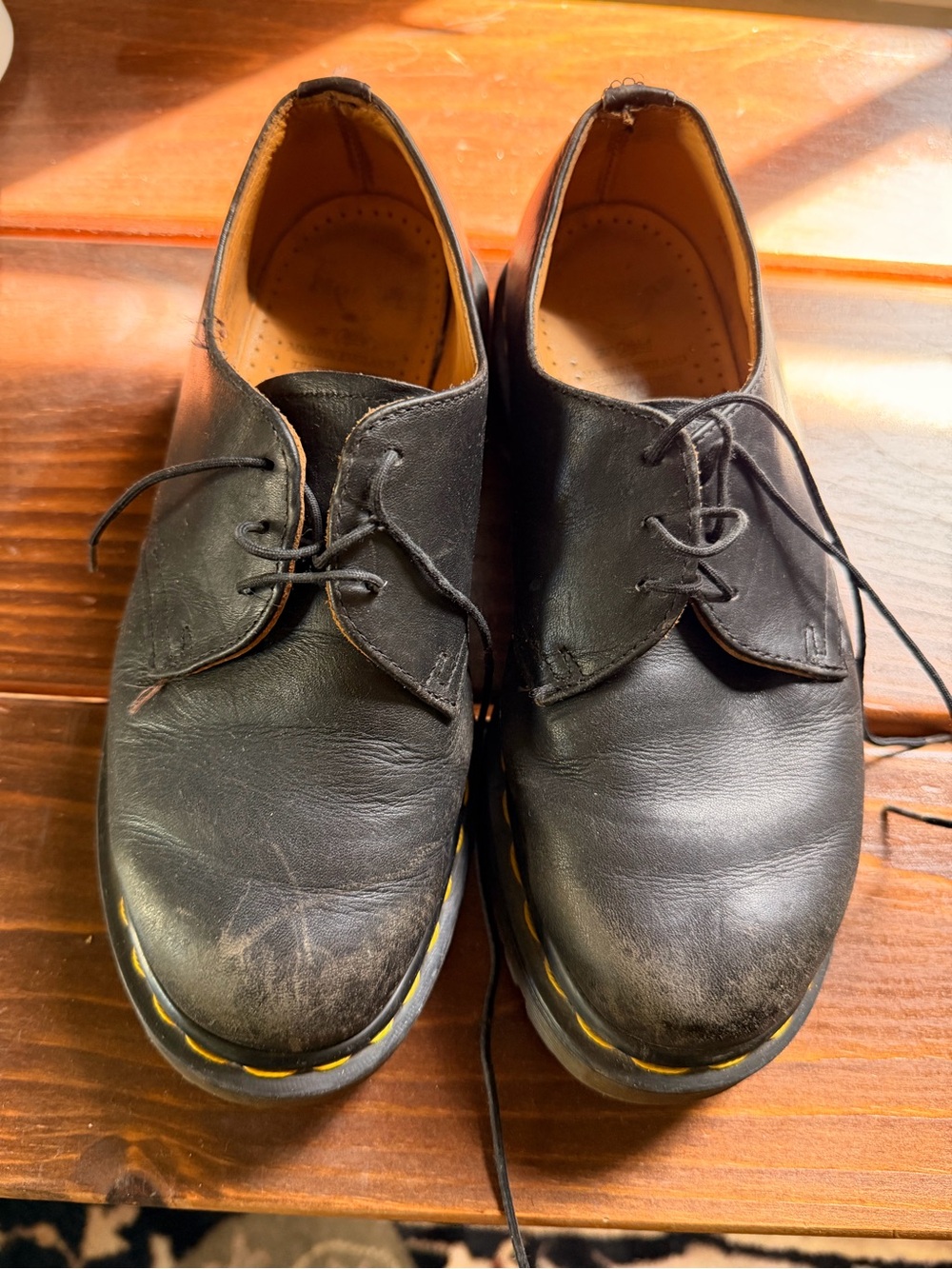 Dr. Martens Black Leather Lace-Up Ankle Shoes with Yellow Stitching